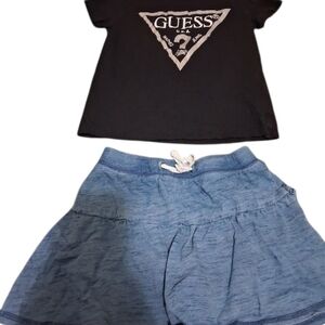 GUESS Black Logo Tee with Blue Skirt Set